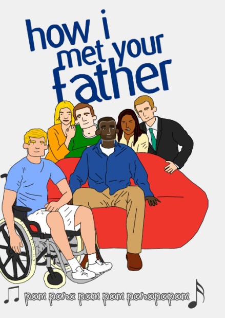 image titre how i met your father (parodie de how i met your mother) avec une bande de potes sur un canapé rouge